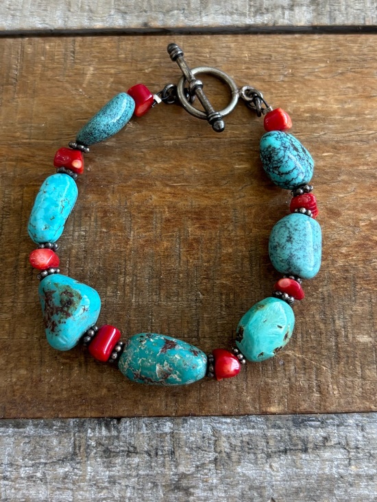 Native American Jewelry - Native American Bracelet Turquoise Coral Silver-Tone Southwestern Small VTG